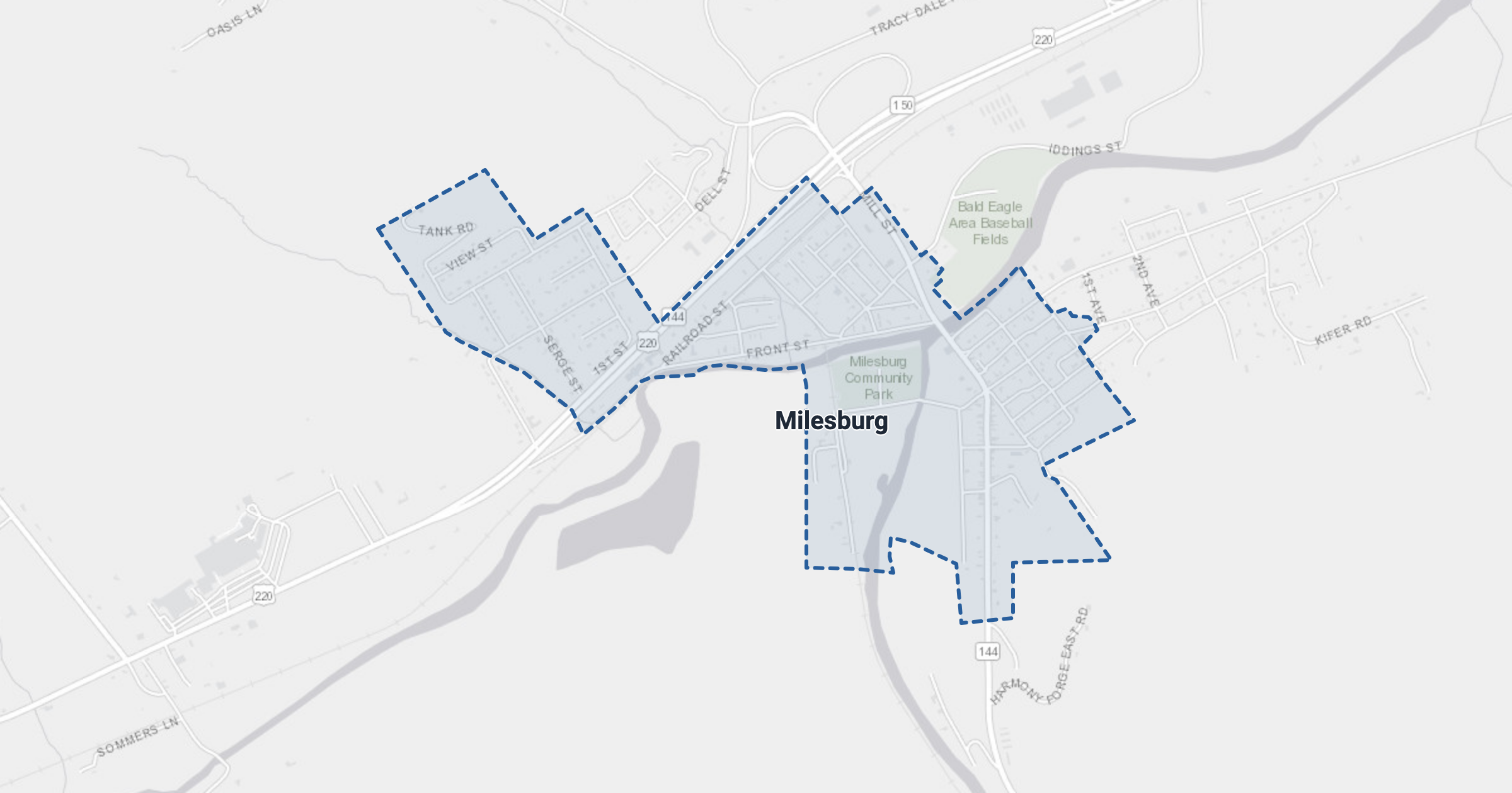 Map of Milesburg, PA with the area boundary outlined